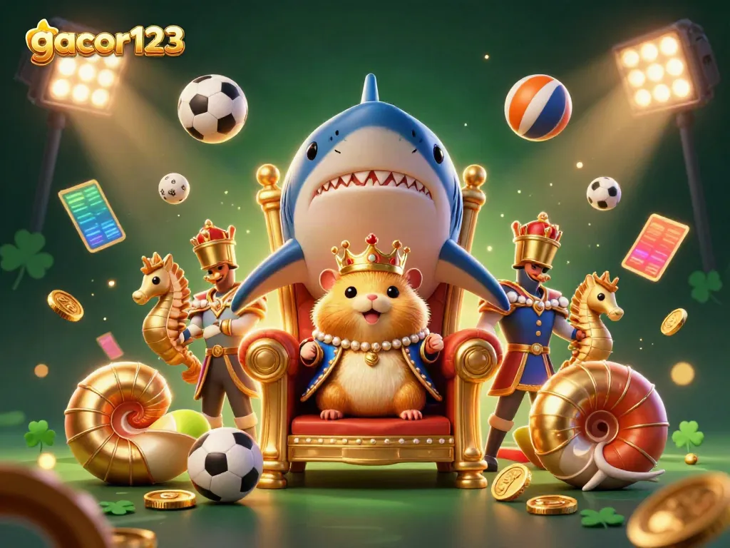 Engage with gacor123's vibrant 3D casino scene featuring sports elements and a golden hamster king.